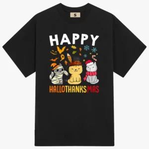 Cats Happy HalloThanksMas Thanksgiving Christmas T-Shirt